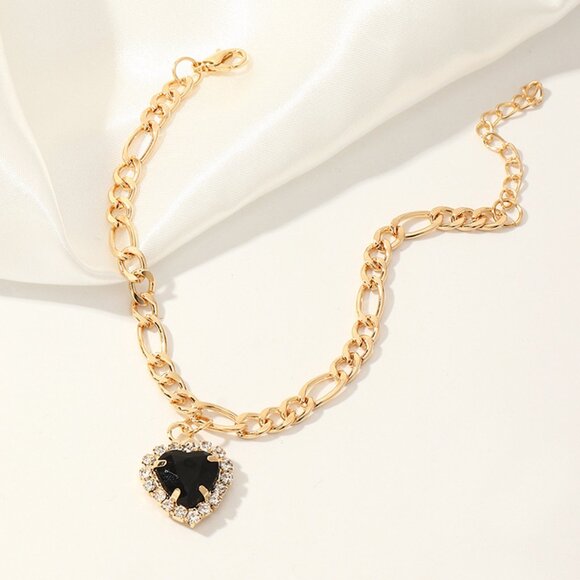 3/$35 Gold Chain Black Heart Pendant Bracelet Rhinestone Statement Jewelry - Picture 1 of 6